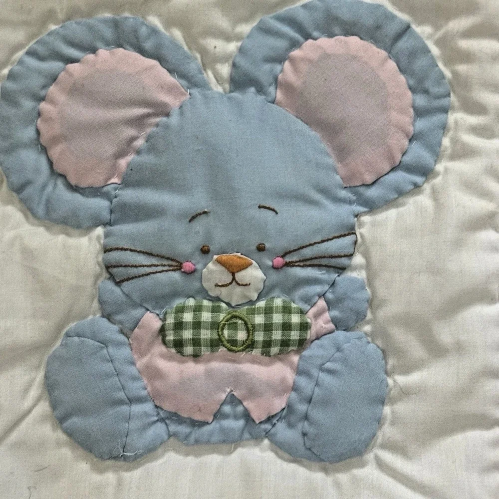 VTG House of Hatten Baby Quilt Blanket Pastel Animals Puppy‎ Kitten Bunny Duck